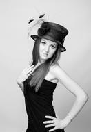 black and white, girl in minidress and hat