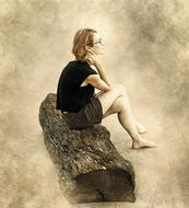 art of girl sitting on wood tree trunk