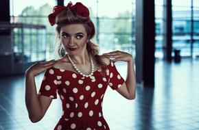 pin up Girl In Red polka dots dress indoor