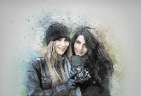 Beautiful portrait of the two women, among the colorful paint splatters