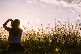 Girl with Iphone, taking a photo of the beautiful field, at colorful sunset