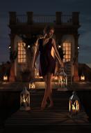 Beautiful woman in dress, among the lights, near the lake and building, un the evening