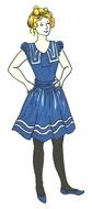 Drawing of the blonde girl, in the blue and white dress, at white background, clipart