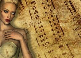 woman at vintage music sheet, digital art