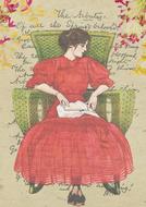 vintage drawing, lady in red dress sits on couch