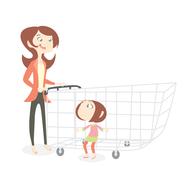 cartoon mother with small daughter in big shopping cart