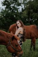 young lady and brown horses