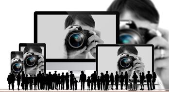 Photographer, Woman with camera on screens of gadgets, personal Data Protection, concept