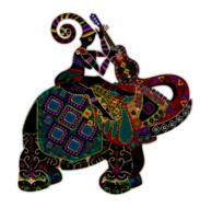 woman with guitar riding elephant, artwork, colorful glass