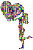 colorful prismatic mosaic, girl holding big heart