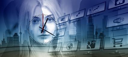 clock as a face of a young woman in the city