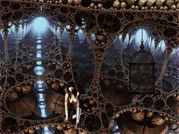 sexy girl and bird cage at surreal background, digital art