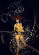 surreal render, girl on the background of a clock