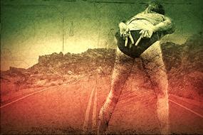 back view of female volleyball player on road, collage