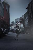 photo of a girl in a vintage dress at the train station