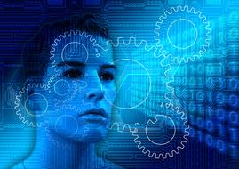 silhouettes of gears, young man face and binary code