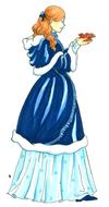 young girl in vintage winter clothing holds bird on hands, drawing