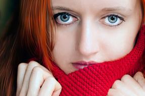 young girl with Red Scarf at lips