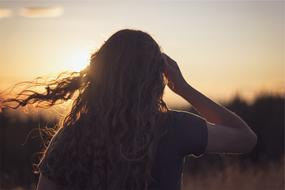 photo of a girl with curly hair on a sunset background view from the back
