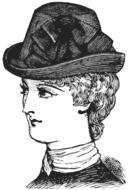 Black and white, beautiful, vintage drawing of the lady in hat, at white background, clipart