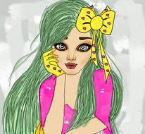 girl green hair eyes hand yellow