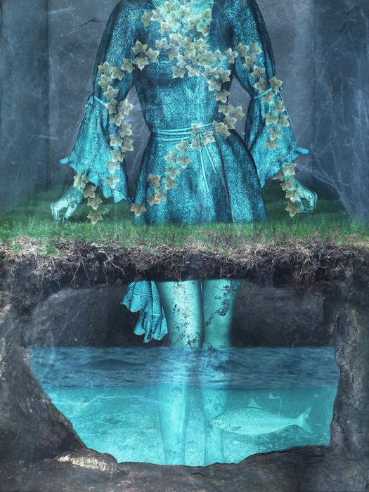 silhouette of a dead girl in a blue dress