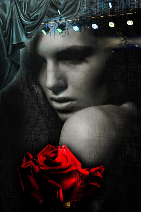 monochrome portrait of a girl and a red rose on the background of the scene