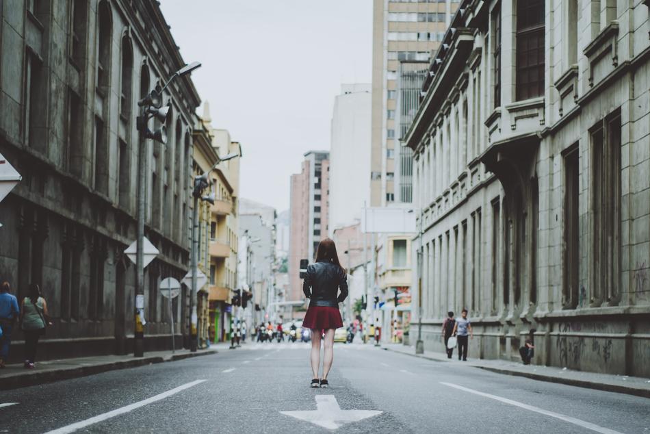 black and white, girl on the street in Medellin, Colombia