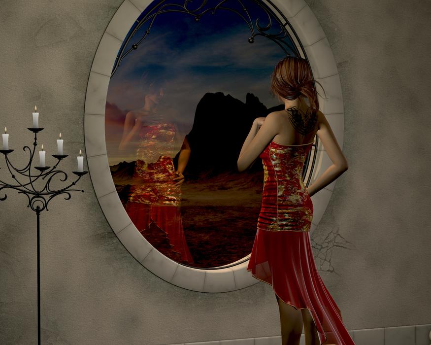 woman in a red dress stands in front of a round window