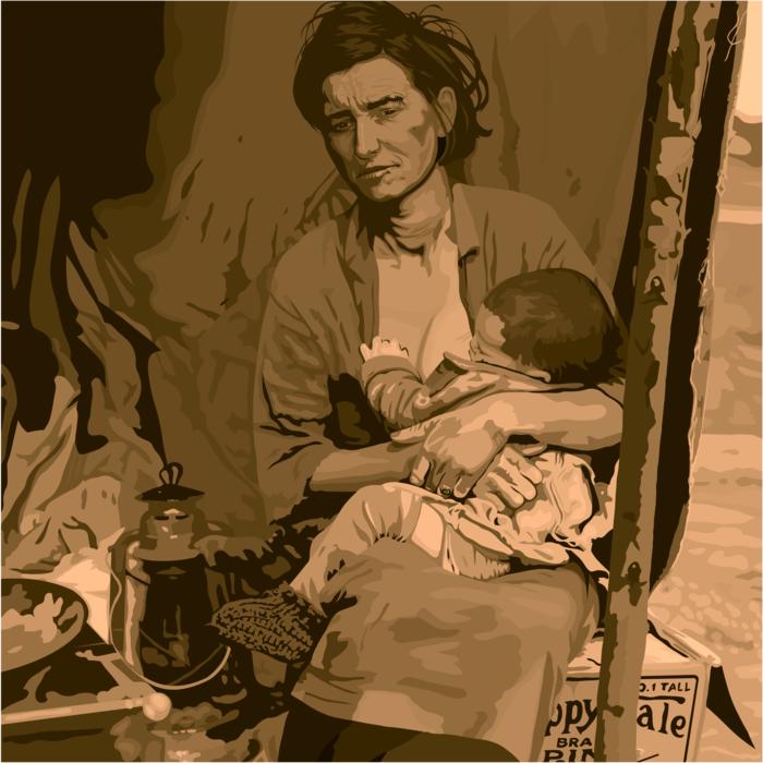 migrants, unhappy mother feeding baby with breast in shed, vintage drawing