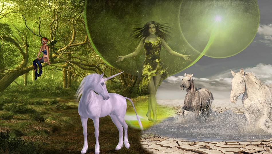 Colorful and beautiful unicorn and horses, near the girls, on the landscapes, clipart