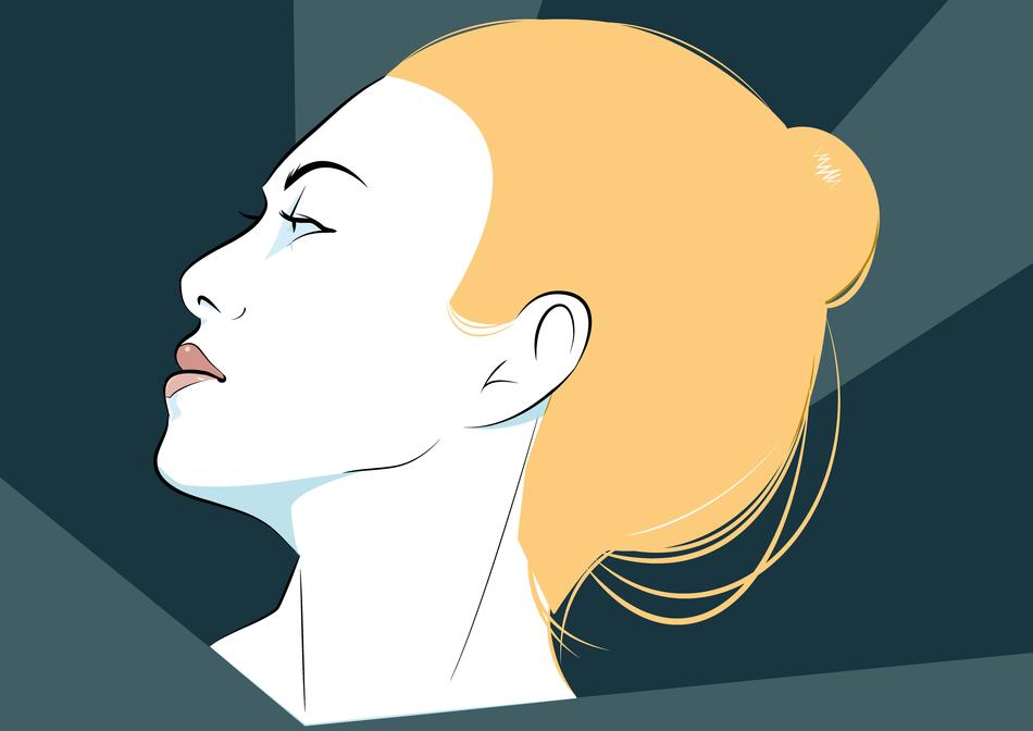 Drawing of the blonde Sarah Walker, at background with blue shapes, clipart