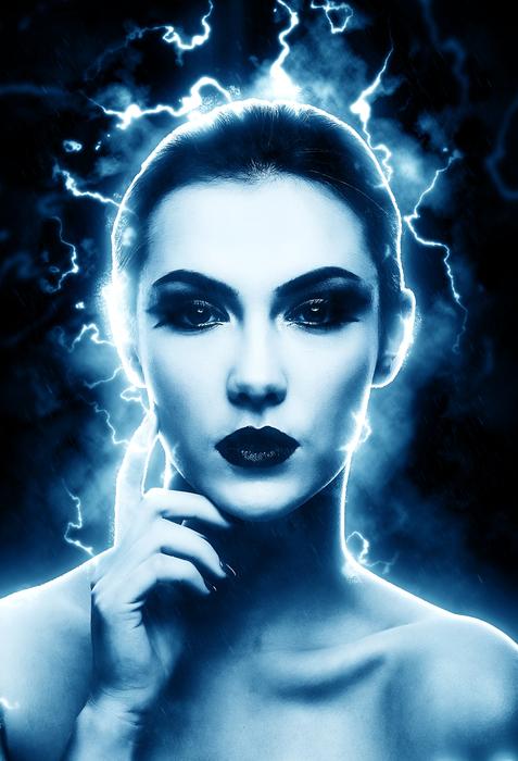 Portrait of the woman among the thunderbolt flashes, at black background, clipart
