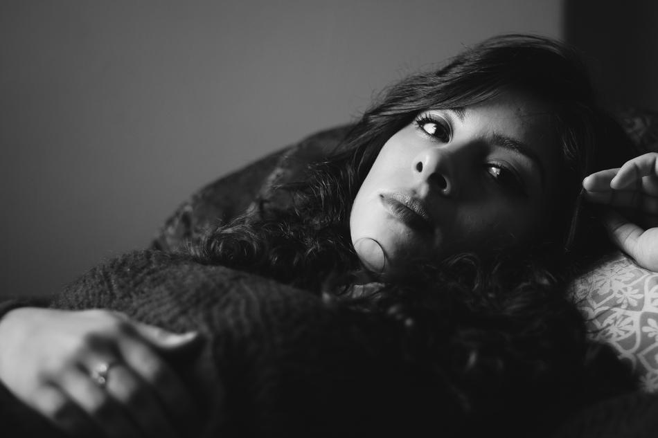 monochrome photo of Girl Woman rest