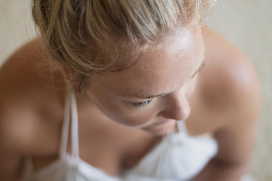 portrait of a girl in home clothes with a blurred background