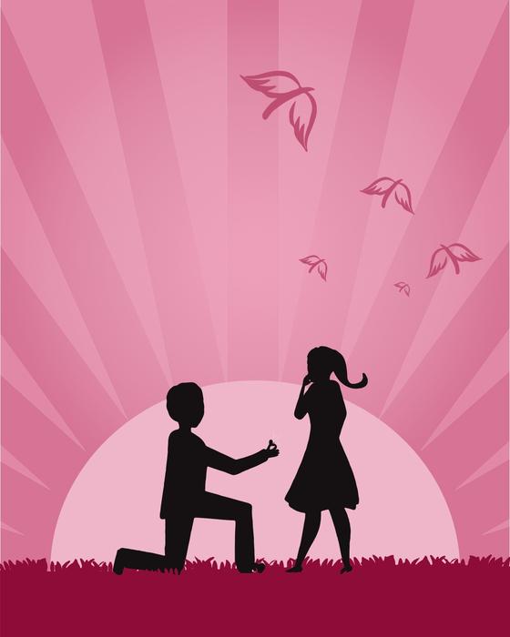 a guy with a girl on the background of the pink sun