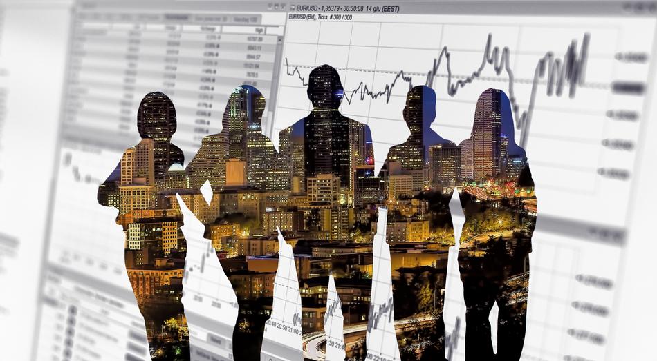 you people with skyscrapers on the background of diagrams