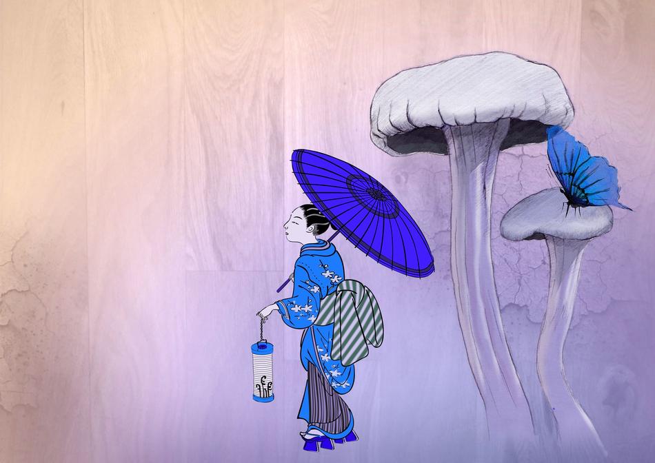 Beautiful and colorful painting of the Geisha near the mushrooms with blue butterfly, in Japan, at colorful, gradient background, clipart