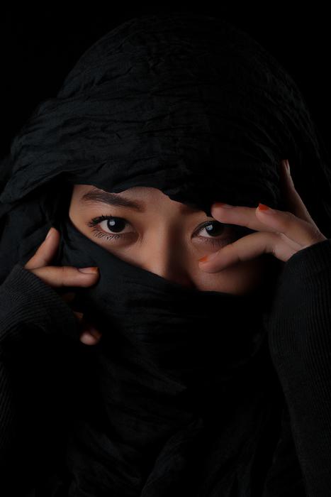 the girl's face is covered with a black hijab