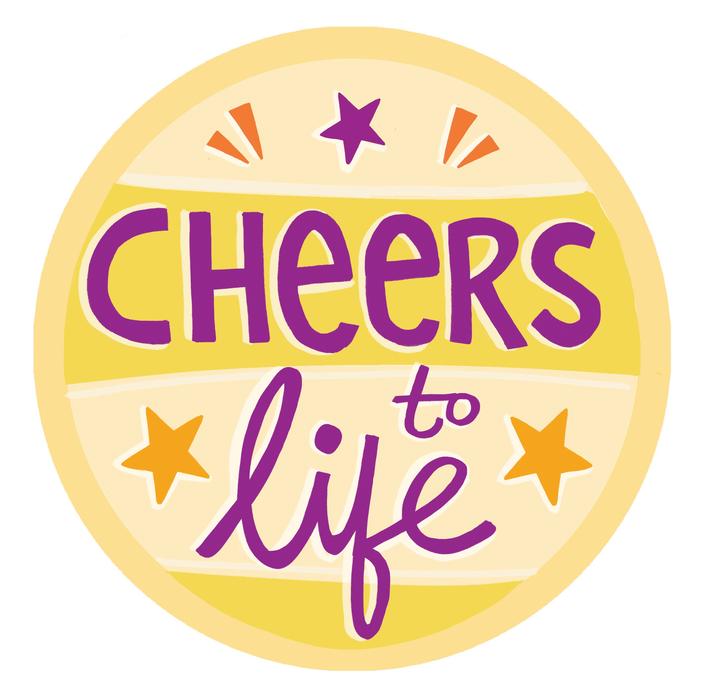Colorful, round 'Cheers to life' icon with stars, clipart