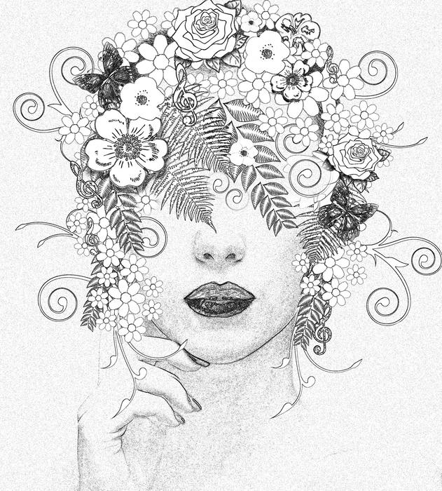 Beautiful, black and white drawing of the woman, with plants and flowers, clipart