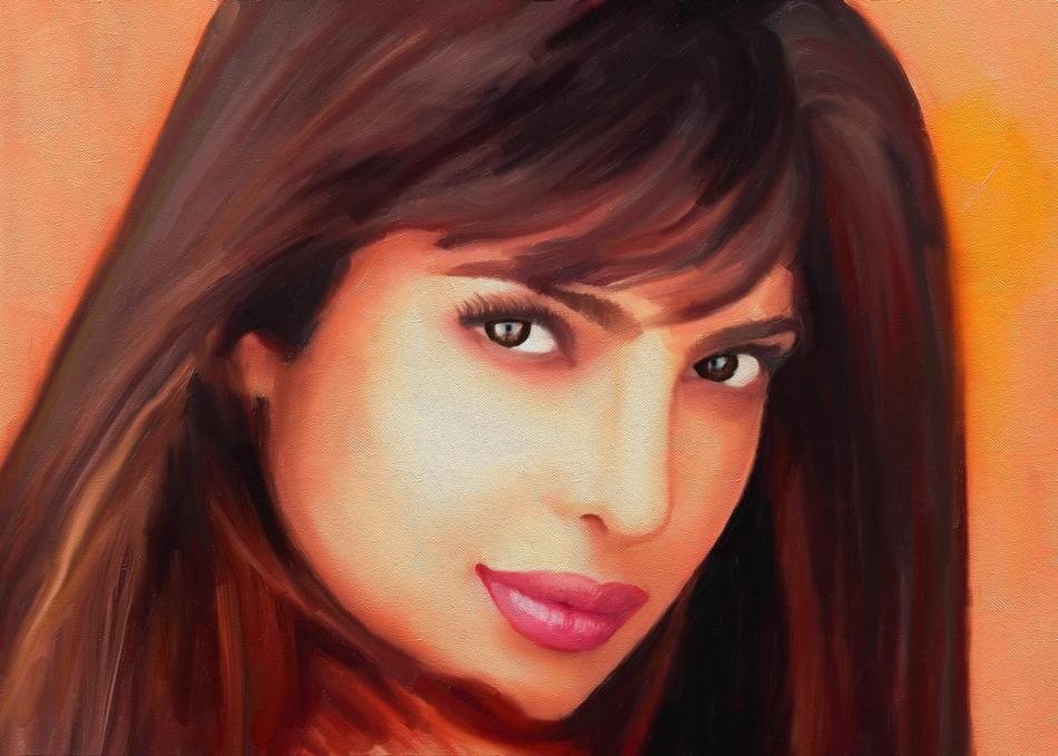 Portrait of Priyanka Chopra with make-up, at orange background