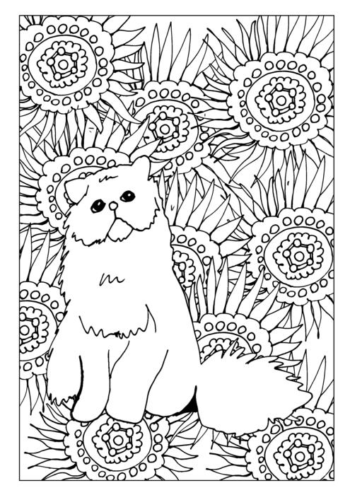 Beautiful, black and white drawing of the cute cat and sunflowers, clipart