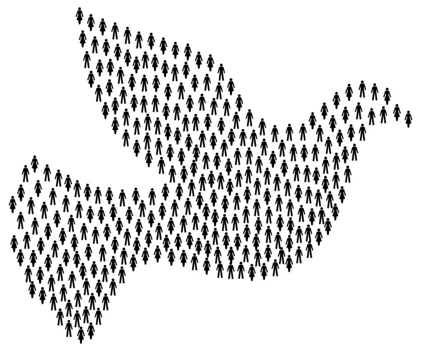 Peace dove with silhouettes of the people, at white background, clipart