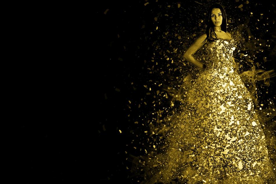 Woman in the beautiful, shiny, gold dress, with the shapes, at black background, clipart