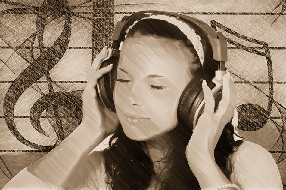 girl headphones and music treble clef