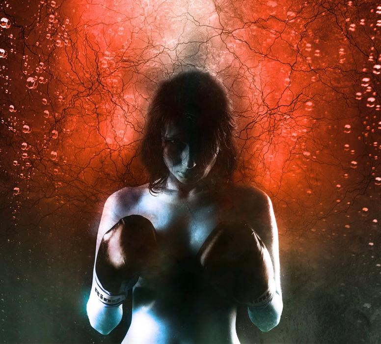 Silhouette of the boxer woman, at colorful background with shapes, clipart