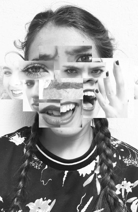 Black and white portrait of the girl with shapes of bipolarity, clipart