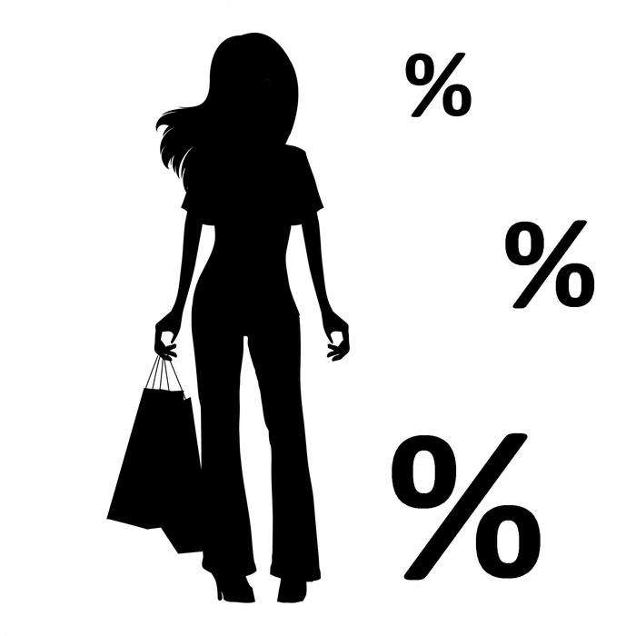 Black silhouette of the woman, shopping on the Black Friday, with the bags, and discount signs, at white background, clipart