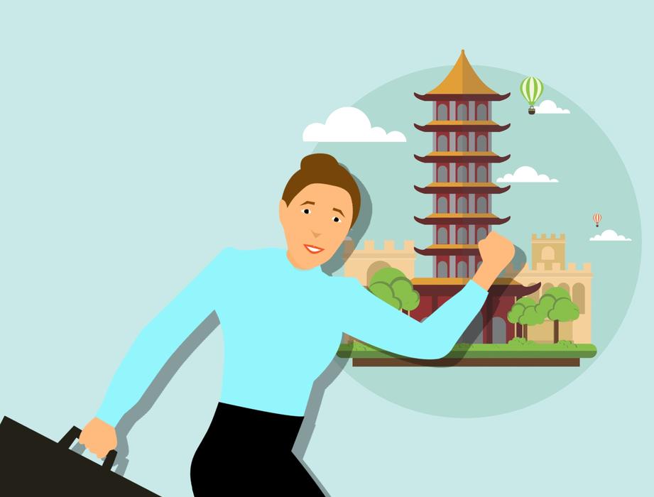 travel logo, woman with suitcase on the background of the tower in Beijing